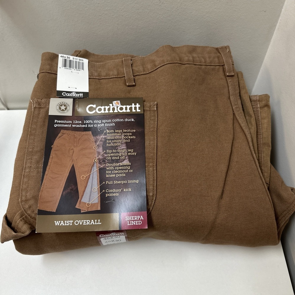 Vtg Carhartt B157 BRN Waist Overall Double Front Sherpa Lined Pants 46 X 30 NOS
